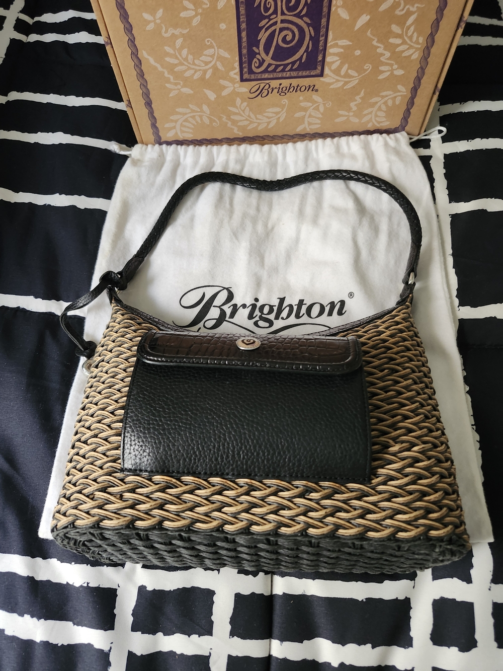 Brighton Black and Tan Woven Shoulder Bag with Braided Strap